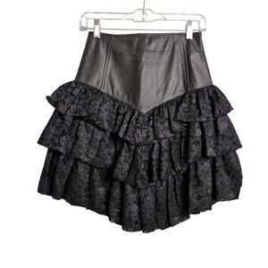 Chia Edgy Vintage Y2K Black Leather & Lace Tiered Ruffle Mini Skirt S TINY FLAW